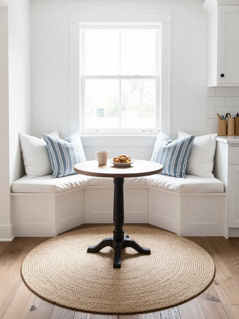 2. Round Jute Rug Under a Breakfast Nook Table