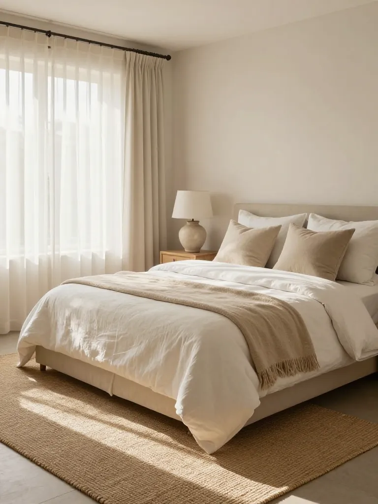 4. Large Jute Rug Anchoring a Neutral Bedroom