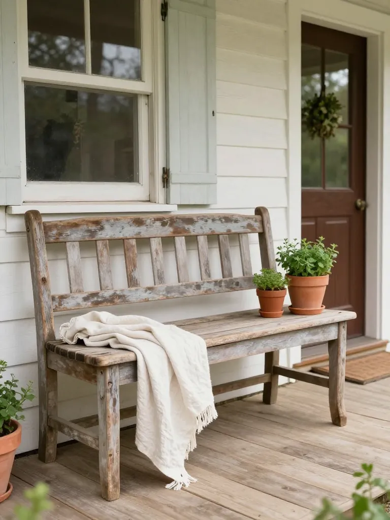 3. The Weathered Bench with a Linen Throw