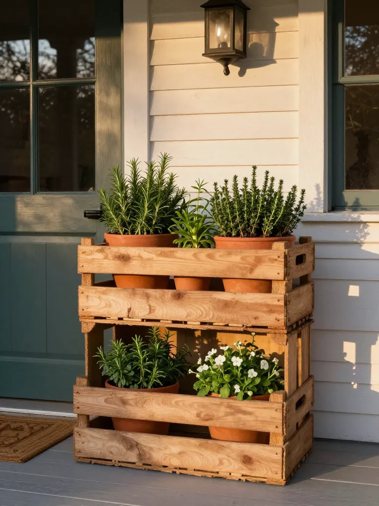 4. Stacked Crates with Potted Herbs